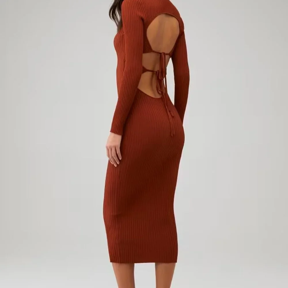 NWT | MINKPINK Alba Knit Midi V-neck Long Sleeve Bodycon Backlesss Dress, Size M - Picture 3 of 6